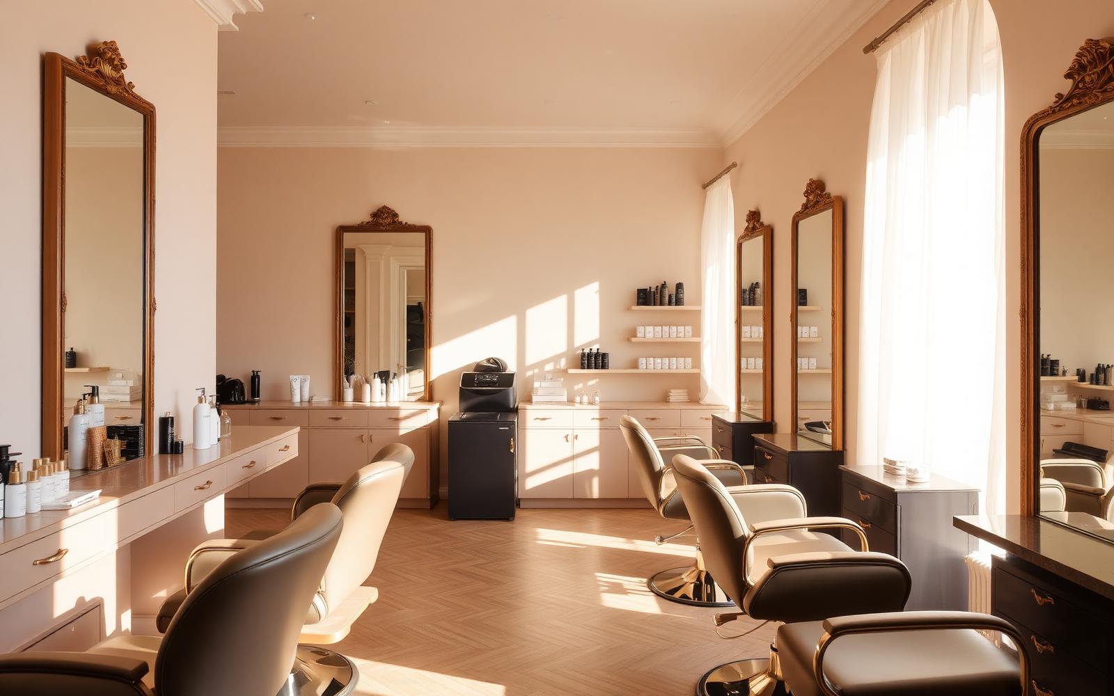 Salone parrucchiere elegante con specchi, poltrone e luce naturale